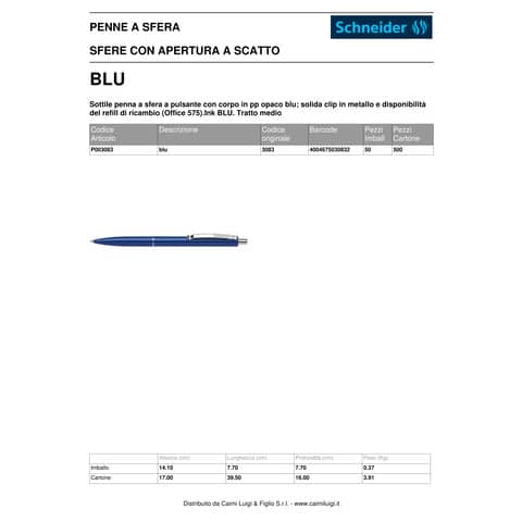 Penna a sfera a scatto Schneider K 15 ricaricabile tratto M blu Conf. 50 pezzi - P003083